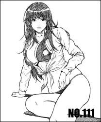 Rule 34 | 1girl, bikini, breasts, cleavage, female focus, large breasts, long hair, long sleeves, monochrome, open clothes, open shirt, shirt, solo, swimsuit, syuuen, tied shirt, white background