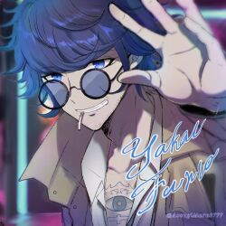 Rule 34 | 1boy, aosugi maru, blue-tinted eyewear, blue eyes, blue hair, blurry, blurry background, brown coat, character name, cigarette, coat, collared shirt, commentary request, facial hair, glasses, grin, hand up, highres, long sleeves, looking at viewer, male focus, master detective archives: rain code, open mouth, round eyewear, shirt, short hair, smile, solo, stubble, teeth, tinted eyewear, twitter username, upper body, white shirt, yakou furio