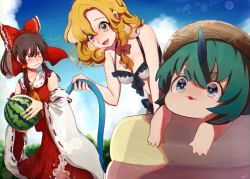 Rule 34 | 3girls, alternate costume, aqua hair, ascot, bikini, blonde hair, bow, breasts, brown hair, chibi, cleavage, commentary request, curly hair, detached sleeves, eyelashes, food, frilled bikini, frilled bow, frills, fruit, green eyes, hair bow, hair tubes, hakurei reimu, hat, highres, holding, holding food, holding fruit, horns, kirisame marisa, komano aunn, long hair, long sleeves, medium breasts, midriff, multiple girls, no headwear, nontraditional miko, open mouth, red bow, red skirt, red vest, ribbon-trimmed sleeves, ribbon trim, single horn, skirt, straw hat, summer, swimsuit, touhou, uchisaki himari, vest, water, watermelon, white bikini, wide sleeves, yellow ascot