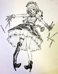 Rule 34 | 1girl, asymmetrical footwear, blush, boots, braid, brooch, full body, gloves, greyscale, highres, holding, holding knife, izayoi sakuya, jewelry, knife, layered skirt, looking at viewer, maid, maid headdress, mashimashi, mismatched footwear, monochrome, open mouth, side braid, skirt, solo, standing, stopwatch, thigh boots, thigh strap, thighhighs, touhou, traditional media, twin braids, watch