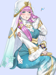 Rule 34 | 1girl, blood, blood from mouth, blue dress, blue eyes, bruise, bruise on face, character doll, closed mouth, dress, fire emblem, fire emblem heroes, flower, fur-trimmed sleeves, fur trim, grey background, gunnthra (fire emblem), hair ribbon, hand in own hair, highres, hood, hoodie, injury, invisible chair, kiran (fire emblem), long dress, long hair, long sleeves, mai0124, nintendo, nun, pink hair, ribbon, rose, simple background, sitting, smile, solo, very long hair, white flower, white hoodie, white rose, white sleeves, yellow ribbon