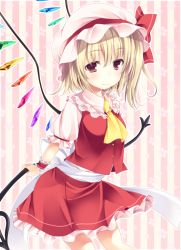 Rule 34 | 1girl, ajiriko, ascot, bad id, bad pixiv id, blonde hair, blush, bow, collared shirt, flandre scarlet, happy, hat, hat bow, laevatein, looking at viewer, mob cap, puffy short sleeves, puffy sleeves, red eyes, sash, shirt, short sleeves, side ponytail, skirt, skirt set, smile, solo, striped, striped background, tareme, touhou, vest, wings, wrist cuffs