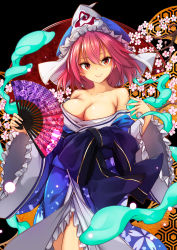 Rule 34 | .sin, 1girl, black bow, blue bow, blue kimono, bow, breasts, bug, butterfly, cherry blossoms, cleavage, folding fan, frilled kimono, frills, hand fan, hat, highres, bug, japanese clothes, kimono, large breasts, long sleeves, looking at viewer, mob cap, obi, pink hair, red eyes, saigyouji yuyuko, sash, short hair, smile, solo, touhou, triangular headpiece, wavy hair, wide sleeves