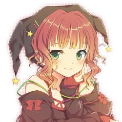 Rule 34 | 1girl, ayamisiro, bare shoulders, black hat, black shirt, blush, bow, brown hair, closed mouth, collarbone, gradient hair, green eyes, hand up, hat, highres, long sleeves, looking at viewer, multicolored hair, off-shoulder shirt, off shoulder, original, red bow, shirt, signature, sleeves past wrists, smile, solo, star (symbol), upper body, white background