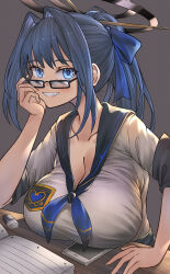 Rule 34 | absurdres, blue hair, breast rest, breasts, breasts on table, glasses, hair intakes, hair ribbon, hand on own face, highres, hololive, hololive english, honkivampy, long hair, long neck, looking at viewer, ouro kronii, ponytail, ribbon, school uniform, smile, virtual youtuber