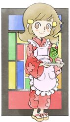 Rule 34 | 1girl, 5-volt, apron, blush, brown eyes, brown hair, drink, floral print, holding, holding tray, japanese clothes, long hair, looking at viewer, nintendo, official art, pink apron, smile, takeuchi kou, third-party source, tray, warioware, warioware: get it together!