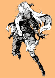 Rule 34 | 1girl, arm belt, armor, belt, closed mouth, dagger, fur trim, gloves, greaves, greyscale with colored background, hare (yamihuji), hatching (texture), highres, knife, long hair, navel, orange background, original, partially colored, pauldrons, sheath, sheathed, shoulder armor, simple background, solo, vambraces, weapon