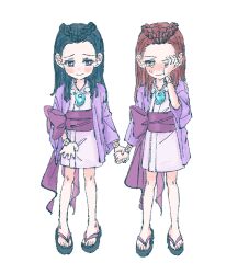 Rule 34 | 2girls, ace attorney, aged down, black hair, blush, braid, closed mouth, crying, crying with eyes open, dahlia hawthorne, full body, geta, holding hands, iris (ace attorney), jacket, japanese clothes, jewelry, kimono, long hair, long sleeves, looking at another, magatama, magatama necklace, matching hairstyle, multiple girls, necklace, oyoyo pe, phoenix wright: ace attorney - trials and tribulations, pink sash, purple jacket, red hair, rubbing eyes, sash, short kimono, siblings, simple background, sisters, standing, tears, twins, white background, wiping tears