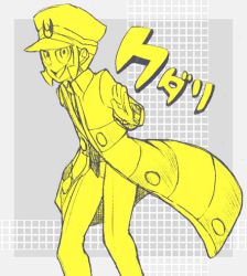 Rule 34 | 1boy, :&gt;, buttons, coat, creatures (company), emmet (pokemon), game freak, grey background, hand up, happy, hat, long sleeves, looking at viewer, lowres, male focus, minashirazu, monochrome, necktie, nintendo, open clothes, open coat, open mouth, pants, peaked cap, pokemon, pokemon bw, short hair, sidelocks, smile, solo, standing, yellow theme