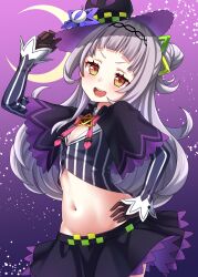 Rule 34 | 1girl, absurdres, black gloves, capelet, gloves, grey hair, highres, hololive, long hair, looking at viewer, murasaki shion, open mouth, smile, solo, takochan77, virtual youtuber, yellow eyes