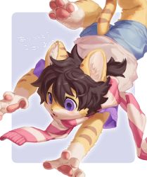 Rule 34 | 1boy, animal ears, black hair, blue shorts, body fur, clothing cutout, commission, fang, fewer digits, furry, furry male, handstand, highres, jam (jam uo), male focus, messy hair, open mouth, original, pawpads, ponytail, purple eyes, scarf, shirt, shorts, solo, striped clothes, striped scarf, tail, tail through clothes, tiger boy, tiger ears, tiger tail, upside-down, yellow fur