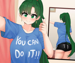 Rule 34 | 1girl, ass, bedroom, blue shirt, blush, breasts, clothes writing, collarbone, earrings, fire emblem, fire emblem: the blazing blade, green eyes, green hair, highres, huge ass, jewelry, large breasts, long hair, looking at viewer, lyn (fire emblem), mirror, nintendo, ponytail, selfie, sexually suggestive, shirt, short shorts, short sleeves, shorts, solo, the only shoe, thighs, thumbs up, very long hair, when you see it