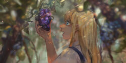 Rule 34 | 1girl, blonde hair, blue eyes, blue overalls, blurry, bokujou monogatari, bokujou monogatari: mineral town no nakama tachi, christon-clivef, claire (bokujou monogatari), commentary, dated, depth of field, english commentary, food, from side, fruit, grapes, highres, lens flare, open mouth, overalls, profile, shirt, signature, solo, tree, tree shade, upper body, white shirt