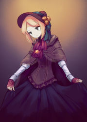 Rule 34 | 1girl, blonde hair, bloodborne, bonnet, capelet, corset, doll, doll joints, dress, flower, gothic lolita, joints, lolita fashion, long skirt, makaroll, no pupils, plain doll, short hair, skirt, sleeves past wrists, solo, the old hunters