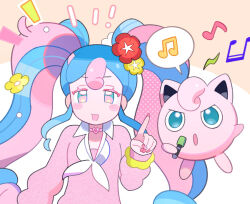 Rule 34 | 1girl, :d, :o, blue eyes, blue hair, blush, choker, colored eyelashes, commentary request, creatures (company), earrings, fairy miku (project voltage), flower, game freak, gen 1 pokemon, hair flower, hair ornament, hand up, hatsune miku, heart, heart choker, highres, index finger raised, jewelry, jigglypuff, klarogiraffe, long hair, long sleeves, looking at viewer, multicolored hair, music, musical note, nail polish, neckerchief, nintendo, notice lines, open mouth, pink choker, pink hair, pink nails, pink sweater, pokemon, pokemon (creature), project voltage, red flower, scrunchie, sidelocks, singing, smile, speech bubble, sweater, twintails, two-tone hair, upper body, very long hair, vocaloid, white neckerchief, wrist scrunchie, yellow flower, yellow scrunchie