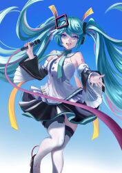 Rule 34 | 1girl, absurdres, blue eyes, blue hair, boots, cable, commentary, detached sleeves, english commentary, gradient background, hair ornament, hatsune miku, hatsune miku expo, headphones, headset, highres, holding, holding microphone, long hair, long sleeves, looking at viewer, microphone, multicolored hair, open mouth, pink hair, shirt, siel (siel illust), skirt, sleeveless, sleeveless shirt, smile, solo, streaked hair, thigh boots, twintails, very long hair, vocaloid