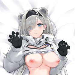 Rule 34 | 1girl, animal ears, arknights, aurora (arknights), bear ears, black gloves, blue eyes, blush, breasts, breasts out, butuo (butuo13), claw pose, dakimakura (medium), eyes visible through hair, gloves, grey hair, hair ornament, hair over one eye, hairclip, highres, large breasts, long hair, long sleeves, looking at viewer, nipples, parted lips, shrug (clothing), smile, solo, unzipped, upper body, very long hair, zipper