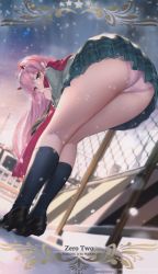 Rule 34 | 1girl, animated, ass, bent over, blurry, blurry background, card (medium), card parody, chain-link fence, character name, copyright name, darling in the franxx, fence, from behind, from below, glowing, green eyes, headband, horns, horns through headwear, house, jacket, kneehighs, looking at viewer, looking back, necktie, panties, pantyshot, pink hair, pink panties, pleated skirt, scarf, scarf over mouth, school uniform, shoes, skirt, sky, skyline, snow, snowing, socks, standing, star (symbol), third-party edit, tiptoes, underwear, video, yijian ma, zero two (darling in the franxx)