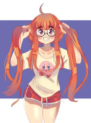 Rule 34 | 1girl, :d, ahoge, alternate hairstyle, blush, breasts, bunching hair, dolphin shorts, glasses, grin, hands up, happy, highres, holding, holding own hair, kirby, kirby (series), long hair, nintendo, open mouth, orange hair, persona, persona 5, purple eyes, sakura futaba, shirt, short sleeves, shorts, small breasts, smile, solo, t-shirt, tenhimi, thick eyebrows, twintails, very long hair