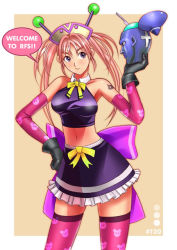 Rule 34 | 1girl, antennae, bow, collar, cross, elbow gloves, gloves, hand on own hip, hat, large bow, nurse cap, pink hair, purple bow, purple eyes, ryu (ryu&#039;s form site), severed head, skirt, solo, tattoo, thighhighs, yellow bow