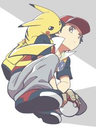 Rule 34 | 1boy, backpack, bag, baseball cap, black hair, black shirt, brown eyes, closed mouth, commentary request, creatures (company), from below, game freak, gen 1 pokemon, grey pants, hat, holding, holding poke ball, jacket, male focus, nagi (exsit00), nintendo, on shoulder, pants, pikachu, poke ball, poke ball (basic), pokemon, pokemon (creature), pokemon frlg, pokemon on shoulder, red (pokemon), red headwear, shirt, shoes, short hair, short sleeves, sleeveless, sleeveless jacket, squatting, t-shirt, vs seeker, yellow bag