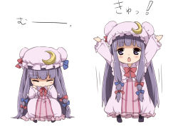 Rule 34 | 1girl, \o/, arms up, bow, chestnut mouth, chibi, crescent, closed eyes, female focus, hair bow, hat, hat ornament, long hair, maruki (punchiki), mukyuu, open mouth, outstretched arms, patchouli knowledge, purple eyes, purple hair, solo, touhou, translated, white background