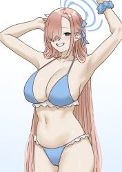 1girl armpits asuna_(blue_archive) bikini blue_archive blue_bikini blue_eyes blue_halo blue_ribbon breasts brown_hair cameltoe cleavage collarbone frilled_bikini frills groin hair_over_one_eye hair_ribbon halo highres large_breasts long_hair mole mole_on_breast navel ribbon scrunchie smile solo swimsuit tantanmen72 thighs very_long_hair wrist_scrunchie