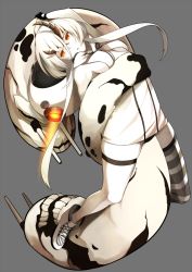 Rule 34 | 10s, 1girl, :&lt;, abyssal ship, asymmetrical legwear, bare shoulders, boots, breasts, colored skin, dress, glados, glowing, glowing eyes, heavy cruiser princess, horns, kantai collection, koruta (nekoimo), long hair, mismatched legwear, pale skin, portal (series), portal 1, red eyes, short dress, solo, striped clothes, striped thighhighs, tail, teeth, thighhighs, turret, white dress, white footwear, white hair, white skin, white thighhighs