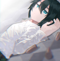 Rule 34 | 1girl, androgynous, black hair, blue eyes, blurry, bullet, closed mouth, collared shirt, commentary, depth of field, expressionless, eyelashes, hair between eyes, kino (kino no tabi), kino no tabi, long sleeves, looking at viewer, luo., lying, on back, shirt, short hair, tomboy, white shirt