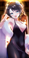 Rule 34 | 1girl, :d, black dress, black hair, black pantyhose, blue eyes, blue flower, blush, bracelet, breasts, cleavage, cowboy shot, dress, earrings, feather boa, flower, hair flower, hair ornament, highres, hololive, jewelry, looking at viewer, medium breasts, mizuno kurage, necklace, oozora subaru, open mouth, pantyhose, short hair, smile, solo, standing, strapless, virtual youtuber