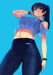 Rule 34 | 1girl, absurdres, bare shoulders, black pants, blue background, blue hair, blue shirt, blush, breasts, cowboy shot, crop top, crop top overhang, high-waist pants, highres, kagematsuri, large breasts, leggings, long hair, looking at viewer, midriff, navel, off-shoulder shirt, off shoulder, original, pants, parted lips, ponytail, see-through, shirt, short sleeves, sidelocks, simple background, sleeveless, sleeveless shirt, smile, solo, sports bra, thighs, tight clothes, tight pants, undershirt, watch, wristband, wristwatch, yellow eyes, yoga pants