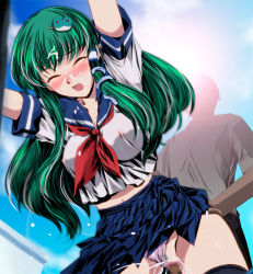 Rule 34 | 1girl, alternate costume, bad id, bad pixiv id, blush, breasts, censored, clothed sex, clothing aside, colored pubic hair, covered erect nipples, cum, cum in pussy, facial, frog, from below, green hair, hair ornament, kochiya sanae, large breasts, long hair, midriff, mosaic censoring, navel, nipples, no bra, open fly, panties, panties aside, penis, pleated skirt, pubic hair, pussy, school uniform, see-through, serafuku, sex, skirt, solo focus, textless version, thighhighs, touhou, underwear, vaginal, white panties, yamaguchi takashi, yamaguchi yuu