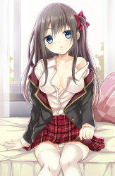 Rule 34 | 1girl, bad id, bad pixiv id, bed, blazer, blue eyes, blush, bow, breasts, brown hair, cleavage, clothes lift, collarbone, hair bow, harimoji, highres, jacket, large breasts, long hair, off shoulder, original, panties, pillow, school uniform, side ponytail, sitting, skirt, skirt lift, solo, thighhighs, unbuttoned, underwear