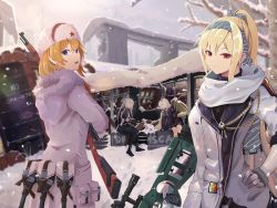 Rule 34 | 4girls, ak-12 (girls&#039; frontline), ammunition, ammunition belt, ammunition pouch, an-94 (girls&#039; frontline), blonde hair, blue eyes, bolt action, braid, closed eyes, closed mouth, commentary, dinergate (girls&#039; frontline), finger on trigger, french braid, full body, fur hat, fur trim, girls&#039; frontline, gloves, gun, hair between eyes, hair ornament, hairband, hand on own hip, hat, highres, holding, holding weapon, jacket, long hair, long sleeves, looking at viewer, magazine (weapon), mod3 (girls&#039; frontline), mosin-nagant, mosin-nagant (girls&#039; frontline), mosin-nagant (mod3) (girls&#039; frontline), multiple girls, open mouth, ponytail, pouch, red eyes, ribbon, rifle, robot, scarf, shiryuu akira, sidelocks, silver hair, sitting, smile, sniper rifle, snow, sv-98, sv-98 (girls&#039; frontline), sv-98 (mod3) (girls&#039; frontline), ushanka, very long hair, weapon