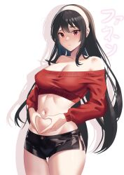 Rule 34 | 1girl, absurdres, black hair, black shorts, breasts, cleavage, cropped sweater, fanenway, hairband, heart, heart hands, highres, large breasts, looking at viewer, micro shorts, navel, red eyes, red sweater, shorts, solo, spy x family, sweater, white hairband, yor briar