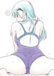 Rule 34 | 1girl, alternate costume, aqua eyes, aqua hair, ass, backboob, bare shoulders, barefoot, blush, breasts, from behind, hair ornament, hairclip, heart, highres, kantai collection, long hair, applying manicure, one-piece swimsuit, purple one-piece swimsuit, simple background, solo, spoken heart, suzuya (kancolle), swimsuit, vent arbre, white background
