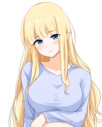 1girl alternate_costume arm_under_breasts blonde_hair blue_eyes blue_shirt blunt_bangs breasts collarbone elf large_breasts long_sleeves looking_at_viewer pointy_ears princess_connect! sa_(nax49) saren_(princess_connect!) shirt simple_background smile solo upper_body white_background