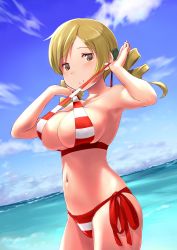 Rule 34 | 1girl, arms up, bad id, bad twitter id, bikini, blonde hair, blue sky, breasts, brown eyes, cleavage, closed mouth, contrapposto, cosplay, cowboy shot, criss-cross halter, day, drill hair, dutch angle, fate/grand order, fate (series), halterneck, highres, horizon, inactive account, large breasts, looking at viewer, mahou shoujo madoka magica, mahou shoujo madoka magica (anime), navel, nero claudius (fate), nero claudius (fate) (all), nero claudius (swimsuit caster) (fate), nero claudius (swimsuit caster) (fate) (cosplay), ocean, outdoors, side-tie bikini bottom, sky, smile, solo, standing, strap lift, striped bikini, striped clothes, swimsuit, tomoe mami, twin drills, twintails, wa (genryusui)