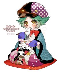 Rule 34 | 2girls, blush, bow, bowl, bowtie, character request, chopsticks, copyright request, doll, eating, food, green hair, haori, hat, japanese clothes, long sleeves, mamaloni, mochi, multiple girls, red neckwear, seiza, shiruko (food), short hair, show by rock!!, simple background, sitting, wagashi, white background, wide sleeves, yellow eyes