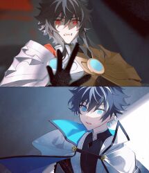 Rule 34 | 2boys, armor, black gloves, black hair, blue eyes, cape, charlemagne (fate), charlemagne (third ascension) (fate), disdain, dual persona, fate/grand order, fate (series), gloves, highres, holding own arm, idass (idass16), looking ahead, looking at viewer, male focus, multiple boys, open mouth, red eyes, shaded face, shadow, short hair, shoulder armor, surprised, upper body, white cape, white hair
