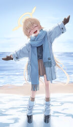 Rule 34 | 1girl, ^ ^, absurdres, alternate costume, beach, black footwear, black shirt, blue archive, blue scarf, blurry, blurry background, blush, brown mittens, casual, closed eyes, coat, dark skin, full body, halo, head tilt, hifumi (blue archive), highres, horizon, light brown hair, long hair, loose socks, mansu (user pnmp4287), mittens, open clothes, open coat, outdoors, outstretched arms, platform footwear, scarf, shirt, smile, snow, socks, solo, teeth, twintails, upper teeth only, very long hair, white coat, white socks