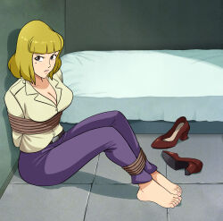 Rule 34 | absurdres, arms behind back, barefoot, bdsm, blonde hair, bondage, bound, bound ankles, bound arms, breasts, brown eyes, cleavage, highres, large breasts, lost one zero, lupin iii, mine fujiko, mole