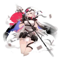 Rule 34 | arknights, black cape, black gloves, blue eyes, breasts, cape, closed mouth, cropped legs, dress, gloves, goggles, goggles on head, highres, holding, holding polearm, holding weapon, long hair, looking at viewer, medium breasts, mulberry (arknights), polearm, sleeveless, sleeveless dress, spear, very long hair, weapon, white background, white dress, white hair, yacchi (yxxrem)
