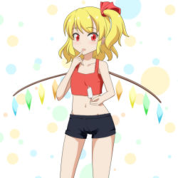 Rule 34 | 1girl, :d, alternate costume, bare shoulders, black shorts, blonde hair, cato (monocatienus), collarbone, commentary request, cowboy shot, crop top, finger to mouth, flandre scarlet, food, hair ribbon, ice cream, long hair, looking at viewer, midriff, navel, open mouth, popsicle, red eyes, red shirt, ribbon, shirt, short shorts, shorts, side ponytail, smile, solo, tank top, touhou, wings