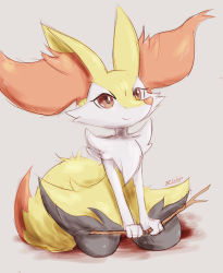 Rule 34 | 1girl, animal ear fluff, animal ears, animal nose, artist name, black fur, body fur, braixen, breaking, closed mouth, creatures (company), dated, eryz, female focus, flat chest, fox ears, fox girl, fox tail, full body, furry, furry female, game freak, gen 6 pokemon, grey background, happy, highres, holding, holding stick, jpeg artifacts, kneeling, looking up, nintendo, pokemon, pokemon (creature), red eyes, signature, simple background, sitting, sketch, smile, snout, solo, stick, tail, white fur, yellow fur