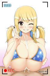 Rule 34 | 1boy, 1girl, absurdres, bikini, blonde hair, blush, breasts, brown eyes, camera, cleavage, collarbone, cum, cum on body, cum on breasts, cum on upper body, ejaculation, ejaculation between breasts, fairy tail, hetero, highres, huge breasts, long hair, looking at viewer, lucy heartfilia, lying, motion lines, on back, one eye closed, paizuri, penis, pov, recording, sakidesu, smile, star (symbol), star print, swimsuit, twintails, uncensored, v, wink