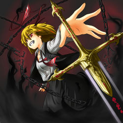 Rule 34 | 1girl, blonde hair, chain, clearfile, darkness, embodiment of scarlet devil, ex-rumia, fangs, female focus, grin, hair ribbon, outstretched hand, red eyes, ribbon, rumia, short hair, skirt, smile, solo, sword, touhou, vest, weapon