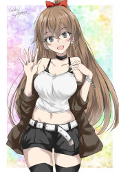 Rule 34 | 1girl, alternate costume, belt, black shorts, black thighhighs, brown hair, brown jacket, cowboy shot, gakky, green eyes, highres, jacket, jacket partially removed, kantai collection, kumano (kancolle), looking at viewer, navel, one-hour drawing challenge, ponytail, shorts, smile, solo, tank top, thighhighs, waving, white belt, white tank top