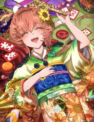 Rule 34 | 1girl, absurdres, blush, braid, brown hair, card, closed eyes, crown braid, cup, fangs, fate/grand order, fate (series), floral print, flower, food, fruit, hair flower, hair ornament, highres, holding, japanese clothes, jellyfish print, kimono, lying, on back, open mouth, orange (fruit), shimogamo (shimomo 12), side braid, solo, sunflower, sunflower hair ornament, sunflower print, teeth, tongue, van gogh (fate)