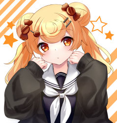Rule 34 | 1girl, arknights, black jacket, blonde hair, blue shirt, blush, candy, candy hair ornament, candy wrapper, commentary, diagonal stripes, double bun, food, food-themed hair ornament, gummy (arknights), hair bun, hair ornament, hairclip, hands up, highres, jacket, lollipop, long hair, long sleeves, looking at viewer, neckerchief, parted lips, puffy long sleeves, puffy sleeves, red eyes, rukinya (nyanko mogumogu), sailor collar, shirt, sleeves past wrists, solo, star (symbol), striped, striped background, swirl lollipop, twintails, upper body, white background, white neckerchief, white sailor collar